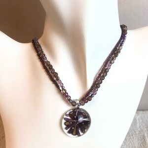 Silver tone Handbeaded glass flower necklace 19.5” #189